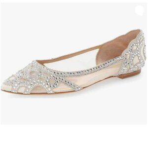 XYD White Elegant Pointed Toe Rhinestone Flat Mesh Slip-on Crystals Wedding Shoe